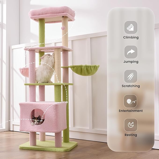 Gardner Pet 65in Heavy Duty Cat Tree Tower for Large Cats, Multi-Level Cat Furniture with Replaceable Sisal Scratching Post, Hammock | Extra-Large Platform &amp; Condo (Pink&amp;Green, Basic φ:2.84")