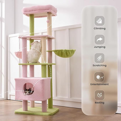 Gardner Pet 65in Heavy Duty Cat Tree Tower for Large Cats, Multi-Level Cat Furniture with Replaceable Sisal Scratching Post, Hammock | Extra-Large Platform &amp; Condo (Pink&amp;Green, Basic φ:2.84")