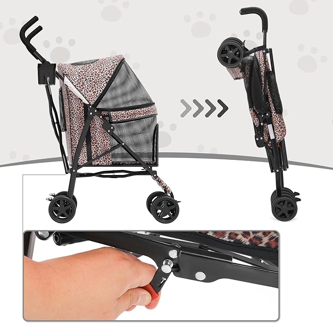 MoNiBloom 4 Wheels Pet Stroller, Easy-Fold Umbrella Shaped Dog Cat Jogger Stroller w/Storage Bag &amp; Visible Mesh for Small/Medium Dogs Cats Leopard Print