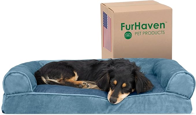 Furhaven Pillow Dog Bed for Medium/Small Dogs w/ Removable Bolsters &amp; Washable Cover - Faux Fur &amp; Velvet Sofa - Harbor Blue, Medium