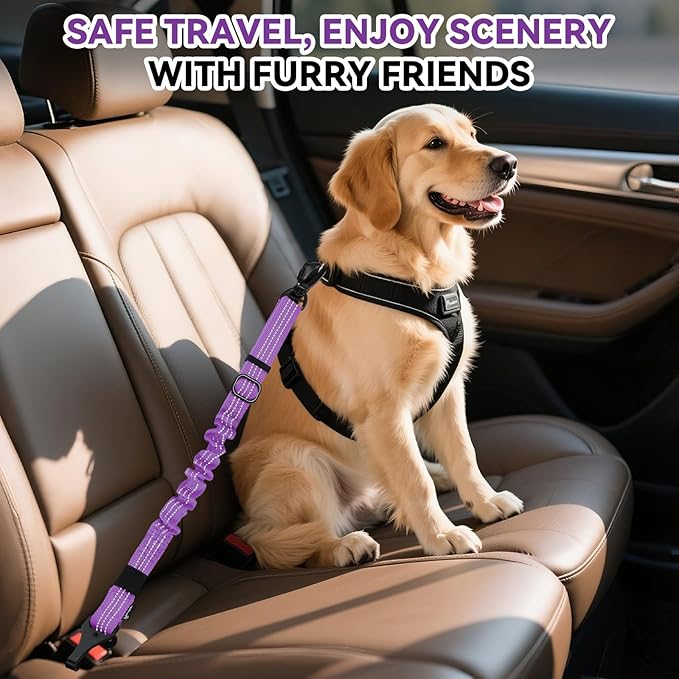 Pawaboo Dog Seatbelt for Car, 3-in-1 Dog Seat Belt Bungee, Shockproof Dogs Tether for Car with Buckle &amp; Hook Latch, Adjustable Reflective Dogs Cars Harness Leash with 360° Lockable Buckle, Purple