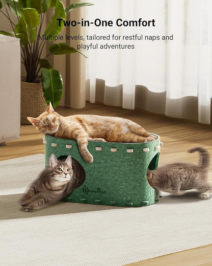 DownyPaws Cat House for Indoor Cats, Cat Bed Cave for Multiple &amp; Large Cats Up to 22 Lbs, Scratch Resistant Peekaboo Cat Caves, Foldable Tunnel Enclosed Bed, PeekaPurr, Forest
