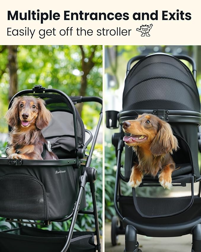Pet Stroller for Small Dogs and Cats, One-Click Foldable Dog Stroller with Detachable Carrier &amp; 3 Safety Tethers, Holds up to 33 lbs, Storage Basket &amp; Cup Holder, Breathable Mesh, Black