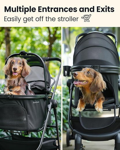 Pet Stroller for Small Dogs and Cats, One-Click Foldable Dog Stroller with Detachable Carrier &amp; 3 Safety Tethers, Holds up to 33 lbs, Storage Basket &amp; Cup Holder, Breathable Mesh, Black