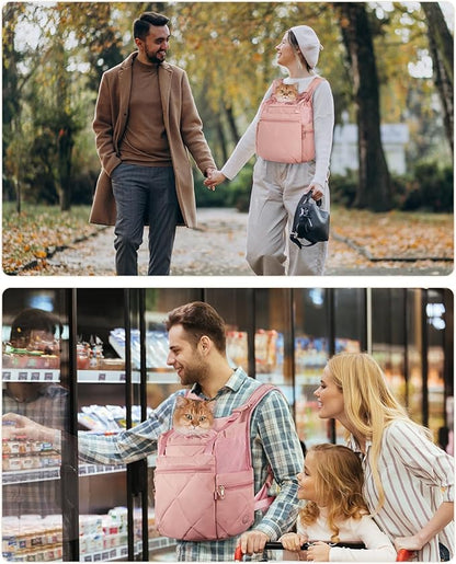 OFY Cat Carrier Puffy Backpack Breathable Small Dog Front Backpack Large Space for Small Dogs, Drawstring &amp; Water-Resisant Pet Bag for Travel Hiking, Lotus Pink Patent Pending