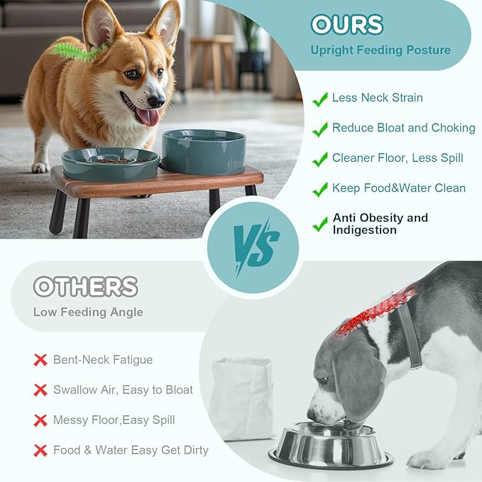 SPUNKYJUNKY Ceramic Elevated Dog Bowls with Slow Feeder Raised with Acacia Bamboo Wooden Stand, 6.1&