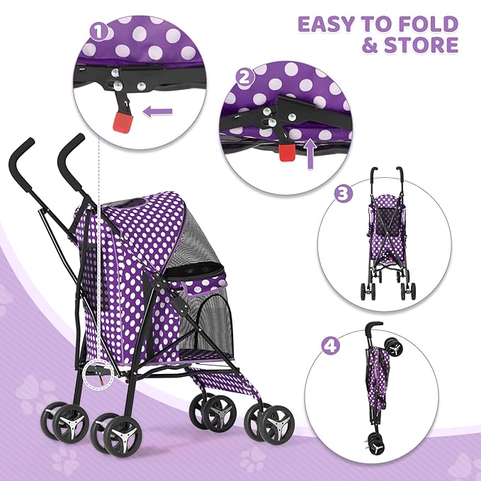 Magshion Compact Pet Stroller for Small-Medium Dogs/Cats up to 22lbs, 4-Wheel Lightweight Umbrella Shaped Portable Puppy Travel Jogger with Breathable Mesh &amp; Rear Storage, Purple Polka Dots