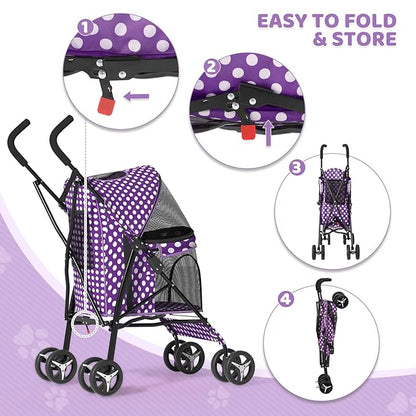 Magshion Compact Pet Stroller for Small-Medium Dogs/Cats up to 22lbs, 4-Wheel Lightweight Umbrella Shaped Portable Puppy Travel Jogger with Breathable Mesh &amp; Rear Storage, Purple Polka Dots