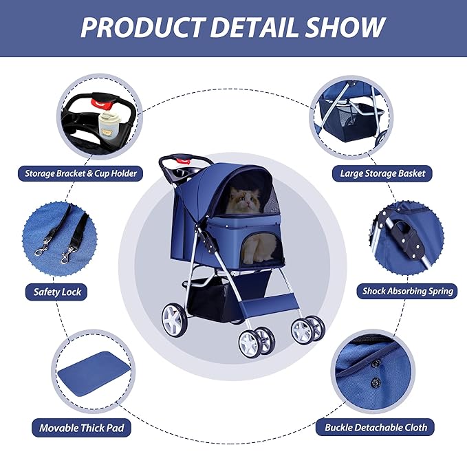 4 Wheels Pet Stroller for Small Medium Dogs Cats 10-33 lbs, Foldable Dog and Cat Stroller with Cup Holder &amp; Storage Basket &amp; Breathable Mesh, Pet Strolling Cart for All-Season, Navy Blue