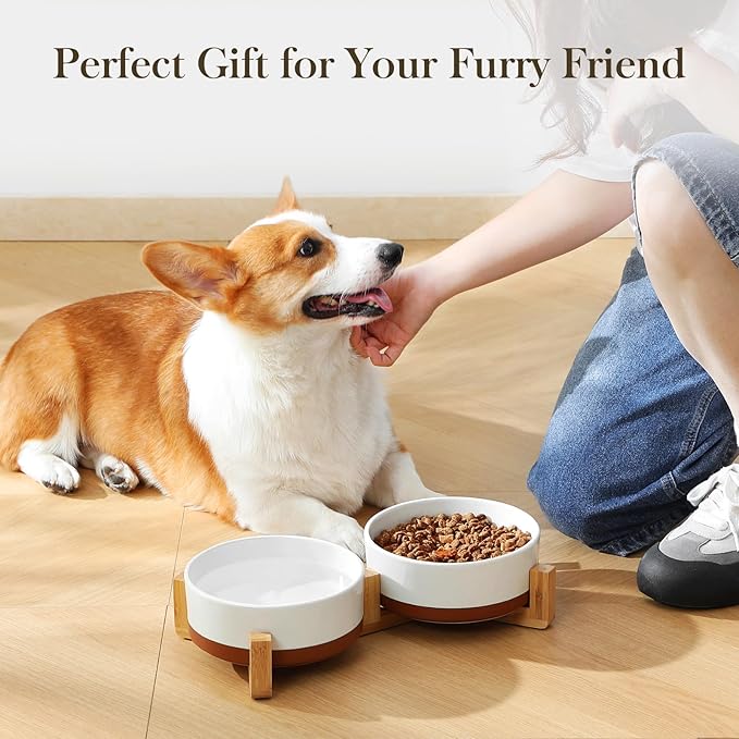 MALACASA Ceramic Dog Bowls, Dog Bowls for Medium Sized Dogs with Wood Stand - Pet Food &amp; Water Bowl Set for Cat Medium Dogs, Weighted Glaze Matte.34 OZ (M-3.5 Cups)