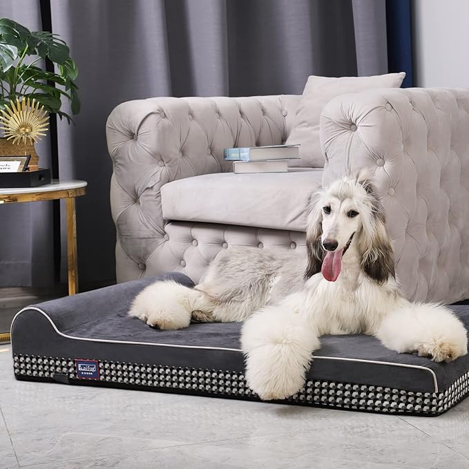 Laifug Orthopedic Memory Foam Extra Large Dog Bed with Pillow and Durable Water Proof Liner &amp; Removable Washable Cover &amp; Smart Design (Large (46"x28"x8"), Black and White Plaid)