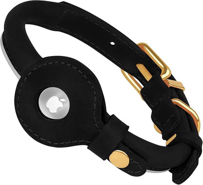OOPSDOGGY Rolled Leather Dog Collar with Airtag Holder (Black, XS, 8"-11")