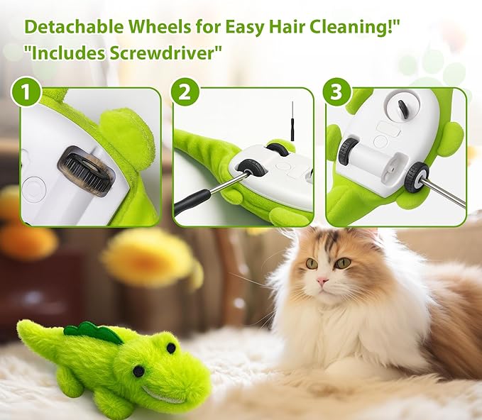 Interactive Cat Toys for Indoor Cats - Automatic Moving Cat Chase Toy for Bored Indoor Adult Cats - 360° Random Movement, Tail Wagging &amp; Catnip Stimulation - Electric Croc(Long Plush)