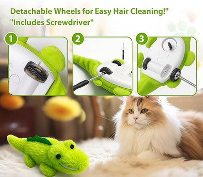 Interactive Cat Toys for Indoor Cats - Automatic Moving Cat Chase Toy for Bored Indoor Adult Cats - 360° Random Movement, Tail Wagging &amp; Catnip Stimulation - Electric Croc(Long Plush)