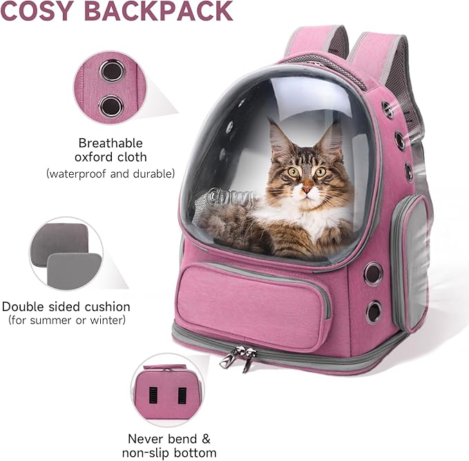 Cat Backpack Carrier, Breathable Cat Carrier Large Space Bubble Pet Backpack for Kitty Small Dog up to 15lbs, Transparent &amp; Foldable Pet Carrier for Travel Hiking（Pink）