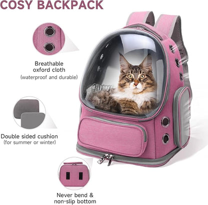 Cat Backpack Carrier, Breathable Cat Carrier Large Space Bubble Pet Backpack for Kitty Small Dog up to 15lbs, Transparent &amp; Foldable Pet Carrier for Travel Hiking（Pink）