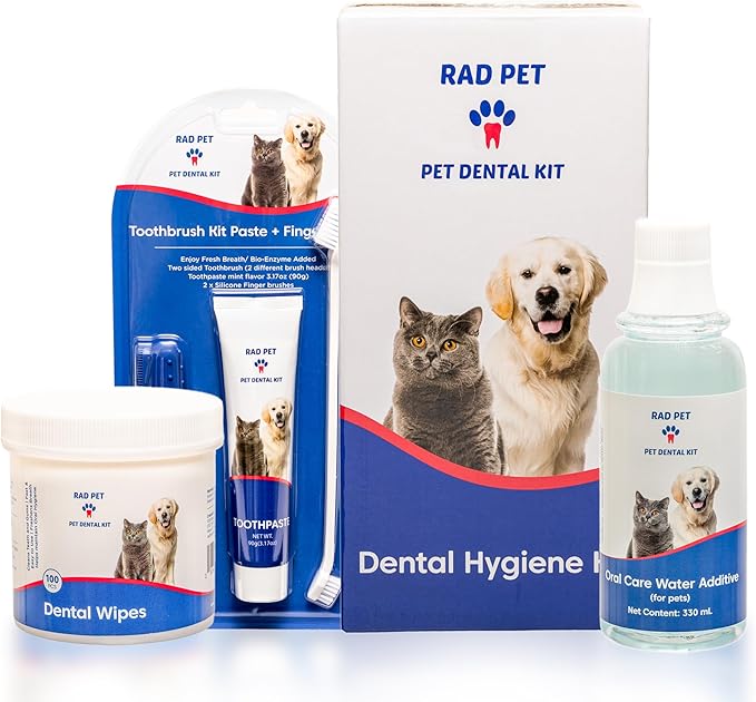 RAD PET - Advanced Pet Dental Hygiene Kit, Vet-Formulated Cat &amp; Dog Tooth Brushing Kit, Complete Oral Care with Cat/Dog Toothbrush and Toothpaste (Enzymatic), Pet Dental Wipes &amp; Water Additive