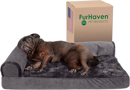 Furhaven Cooling Gel Dog Bed for Medium/Small Dogs w/ Removable Bolsters &amp; Washable Cover, For Dogs Up to 35 lbs - Plush &amp; Velvet L Shaped Chaise - Platinum Gray, Medium