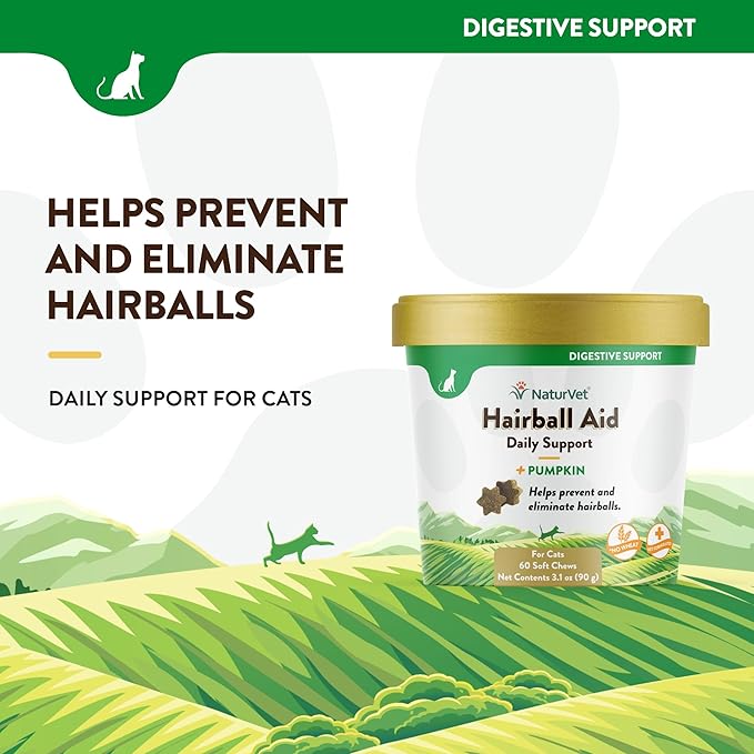 NaturVet – Hairball Aid Supplement for Cats - Plus Pumpkin – Helps Eliminate &amp; Prevent Hairballs – 60 Soft Chews