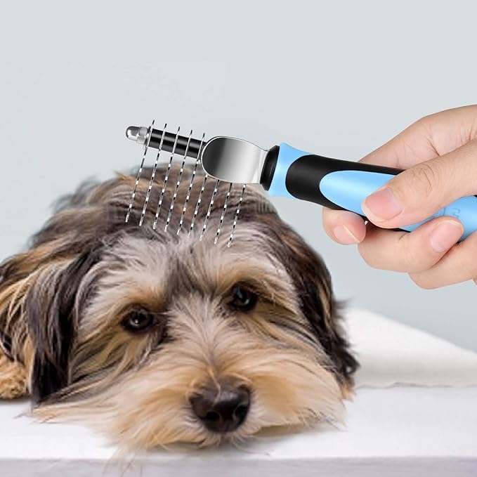 Flexzion Dogs Dematting Comb, Stainless Steel Blades Rakes, for Pets Cats Animals Matted Knotted Hair, Brush Cutting Removing Grooming Tool with Smooth Teeth Needle - Black &amp; Blue Handle