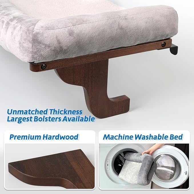 Cat Perch for Window Sill with Bolster - Orthopedic Hammock Design with Premium Hardwood &amp; Robust Metal Frame - Cat Window Seat for Large Cats and Kittens - Dark Stained Wood with Gray Bed