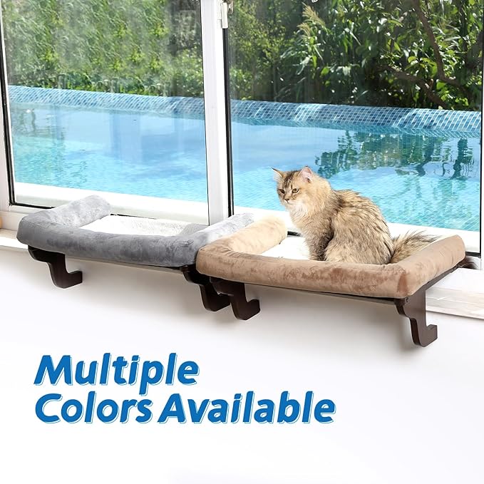 Cat Perch for Window Sill with Bolster - Orthopedic Hammock Design with Premium Hardwood &amp; Robust Metal Frame - Cat Window Seat for Large Cats and Kittens - Dark Stained Wood with Brown Bed