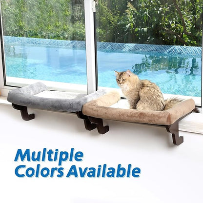 Cat Perch for Window Sill with Bolster - Orthopedic Hammock Design with Premium Hardwood &amp; Robust Metal Frame - Cat Window Seat for Large Cats and Kittens - Dark Stained Wood with Brown Bed