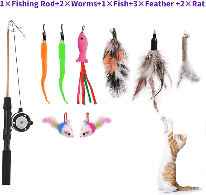 Retractable Cat Teaser Wand Toy, Cat Toys for Indoor Outdoor Cats Interactive Fishing Rod with 8 Pcs Refills Feather Toy, Plush Mouse Caterpillar &amp; Fish