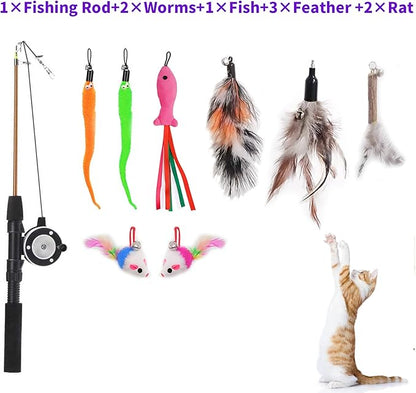 Retractable Cat Teaser Wand Toy, Cat Toys for Indoor Outdoor Cats Interactive Fishing Rod with 8 Pcs Refills Feather Toy, Plush Mouse Caterpillar &amp; Fish