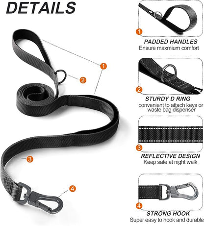 TwoEar 6FT 1IN Strong Black Dog Leash with 2 Padded Handles, Traffic Handle Extra Control, Comfortable Soft Dual Handle, Auto Lock Hook, Reflective Walking Lead for Small Medium and Large Dogs