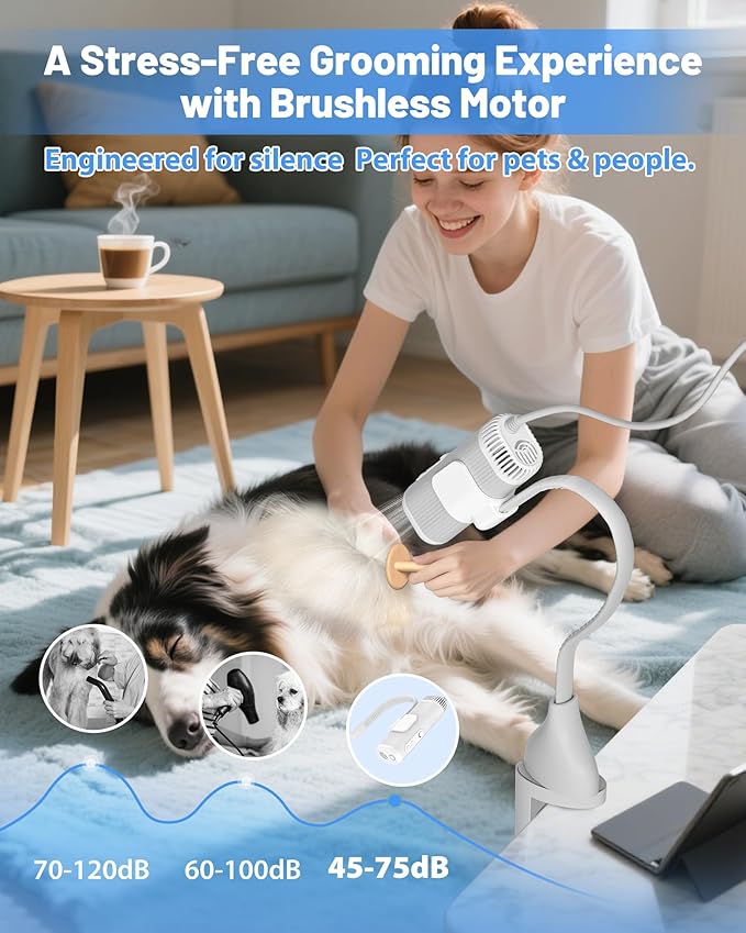 2-in-1 Hands-Free Dog Hair Dryer with Table Clamp – Low Noise Pet Grooming Dryer for Dogs &amp; Cats, Adjustable Heat &amp; Speed, Wearable or Desktop Use(Gray)