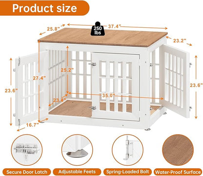 38" Heavy Duty Dog Crate Furniture for Small,Medium and Large Dogs,Rustic Wooden Dog Cage Kennel Indoor Furniture with Waterproof Top,Decorative Pet House Side End Table (White &amp; Wood)