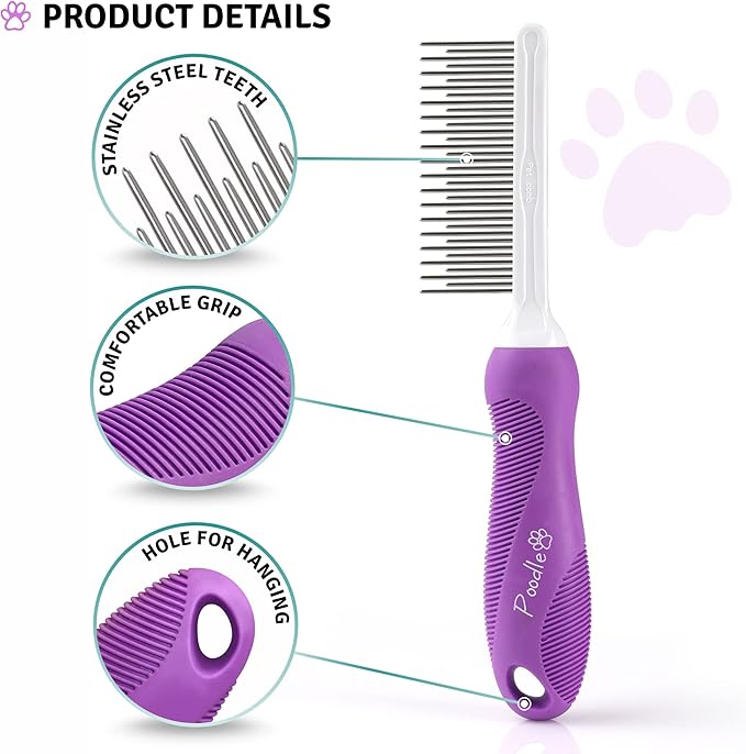 Poodle Pet Detangling Pet Comb with Long &amp; Short Stainless Steel Teeth for Removing Matted Fur, Knots &amp; Tangles – Detangler Tool Accessories for Safe &amp; Gentle DIY Dog &amp; Cat Grooming