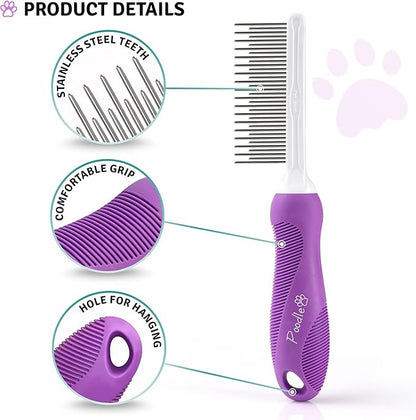 Poodle Pet Detangling Pet Comb with Long &amp; Short Stainless Steel Teeth for Removing Matted Fur, Knots &amp; Tangles – Detangler Tool Accessories for Safe &amp; Gentle DIY Dog &amp; Cat Grooming