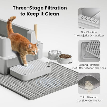 Stainless Steel Cat Litter Box - Enclosed XL Metal Kitty Litter Box with Lid for Big Cats, High Sided, Anti-Leakage, Easy Cleaning, Non-Sticky, Included Litter Mat, Cat Bowl &amp; Spoon