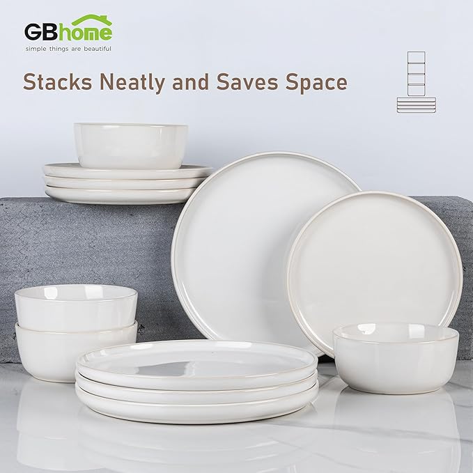 GBHOME Ceramic Dinnerware Sets for 4, 12 Pieces Stoneware Plates and Bowls Sets, Reactive Glaze Dishes -Scratch Resistant, Dishwasher&amp;Microwave Safe-Star White