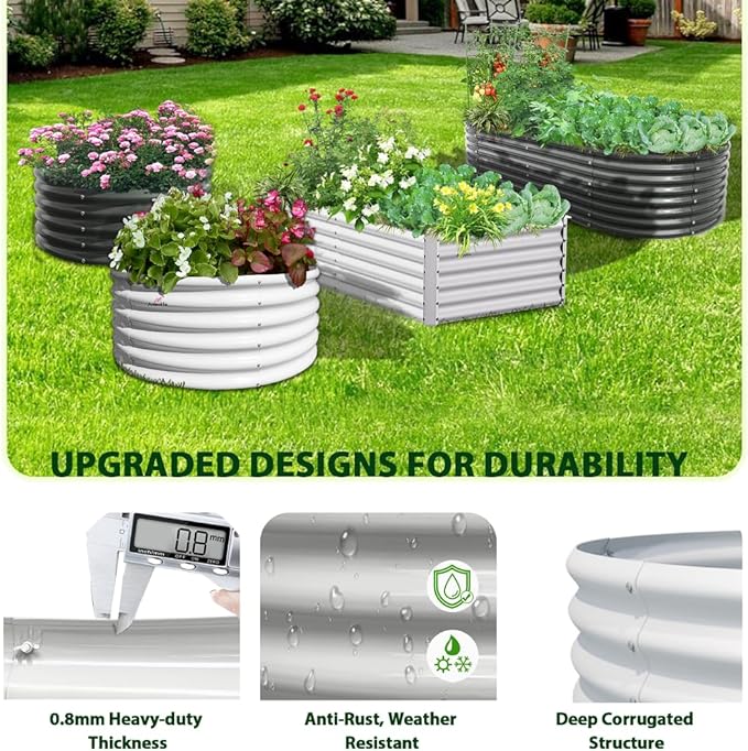 A ANLEOLIFE 12X3X1.5 ft Galvanized Raised Garden Beds Outdoor, Oval Extra Large Metal Planter Box for Planting Vegetables Flowers Herb, Anti-Rust &amp; Easy-Setup, Antique White