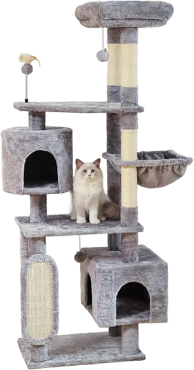 Hoopet 70-Inch Large Cat Tree for Multiple Cats Cat Tower with 2 Condos, Scratching Posts, Hammock &amp; Platform, Plush Perch for Indoor Activity Relaxing Easy Assembly Grey