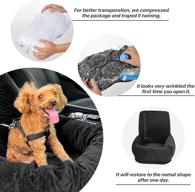 Dog Car Seat for Small Medium Dogs Up to 40lbs, Detachable Washable Soft Pet Booster Travel Bed for Front &amp; Black Seat with Safety Leash Belt
