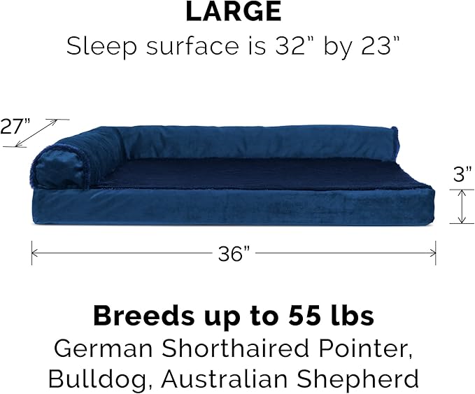 Furhaven Cooling Gel Dog Bed for Large/Medium Dogs w/ Removable Bolsters &amp; Washable Cover, For Dogs Up to 55 lbs - Plush &amp; Velvet L Shaped Chaise - Deep Sapphire, Large