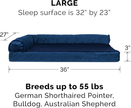 Furhaven Cooling Gel Dog Bed for Large/Medium Dogs w/ Removable Bolsters &amp; Washable Cover, For Dogs Up to 55 lbs - Plush &amp; Velvet L Shaped Chaise - Deep Sapphire, Large