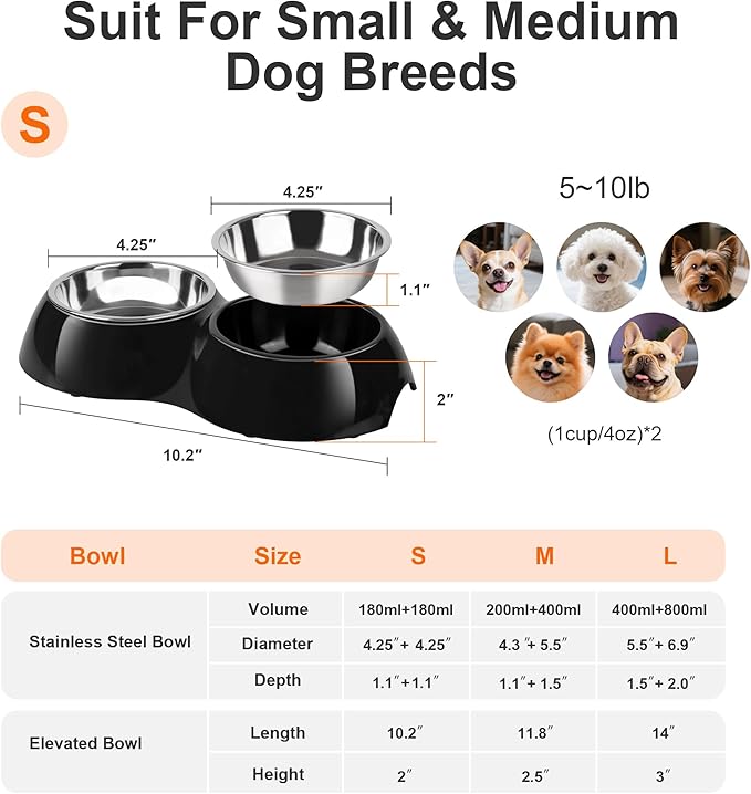 Stainless Steel Dog Bowls Set – Dual Non-Slip Pet Dishes with 2 Small (1 Cup*2) Bowls &amp; Durable Resin Stand – Food &amp; Water Feeder for Puppies, Cats, and Medium Dogs – Black