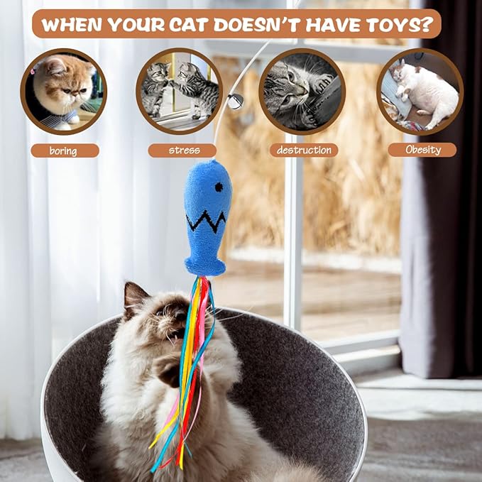 Natural Wood Cat Wand Toy with Ribbon Fish Teaser - 3pcs, 16 Inch, Indoor Cat Exerciser &amp; Playing Kitten Toy, Bonus 5pcs Catnip Sticks for Teeth Cleaning