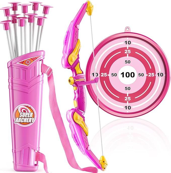 TEMI Bow and Arrow Set for Kids - Archery Toy Set - LED Light Up with Suction Cup Arrows, Target &amp; Quiver, Indoor and Outdoor Toys for Children Boys Girls