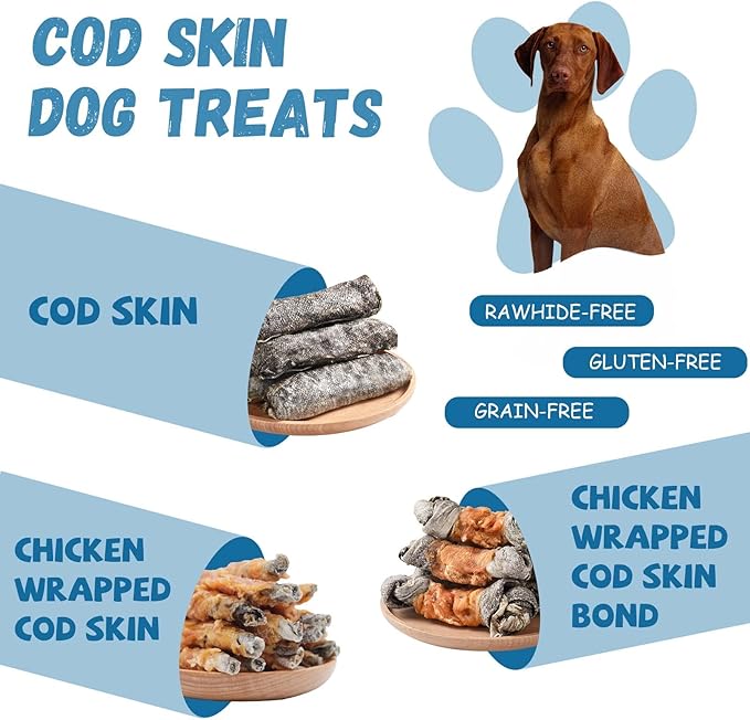 Dog Treats Natural Cod Skin Rolls, Rawhide-Free Chewy Fish Skin Dog Chews, One-Ingredient Healthy Training Treats Rich in Omega3 &amp; Protein, 10.6 oz