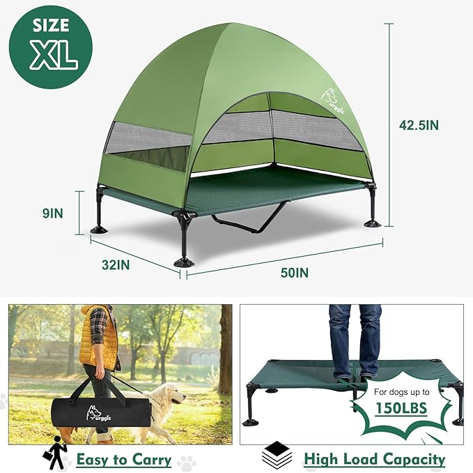 Upgraded Elevated Dog Bed with Canopy, Portable Raised Outdoor Dog Bed with Stable Anti-Slip Feet, Wider Shade Pet Bed Cot, Raised Dog Beds for Large Pets Camping, Indoor &amp; Outdoor Use