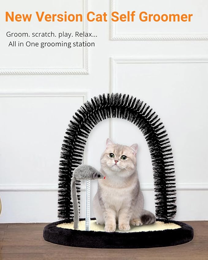 Happi N Pets Cat Self Groomer, Arch Grooming Brush wtih Heavy Duty Woven Sisal Pad, Rubbing Post &amp; Catnip Toy, Cat Face Scratchers Body Massager, Cat Scratchers for Indoor Cats, Black