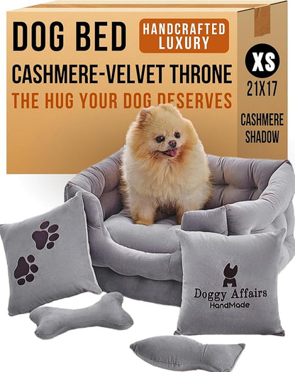 Luxury Dog Bed Chesterfield – Handcrafted Velvet Throne for Dogs | Joint Support, Calming &amp; Temp-Regulating Comfort | Durable 5+ Years, Anti-Claw, Washable 100+ Times – XS, Gray