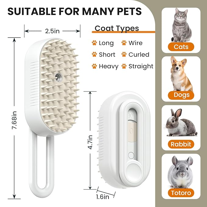 Cat Steam Brush for Shedding, Pet Steam Brush for Cats and Dog, 4 in 1 Rechargeable Cat Hair Brush, Spray Anti-Static, Massage, Cleaning, Shedding &amp; Combing All In One, for Long &amp; Short Haired Pets!