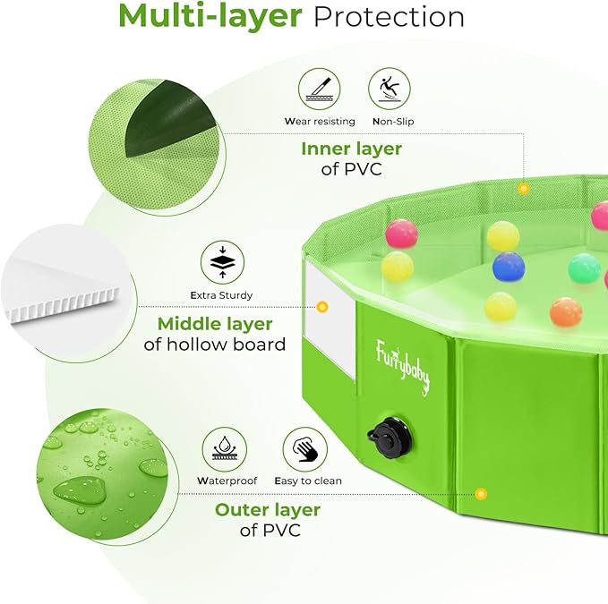 Furrybaby Dog Pool, Foldable Dog Pools for Large Dogs Portable Kiddie Pool Pet Doggie Wading Swimming (Green 63&